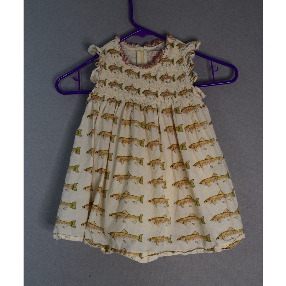 Pink Chicken Dress 2Y Cream Rainbow Trout Fish Smocked Ruffle Cotton Toddler